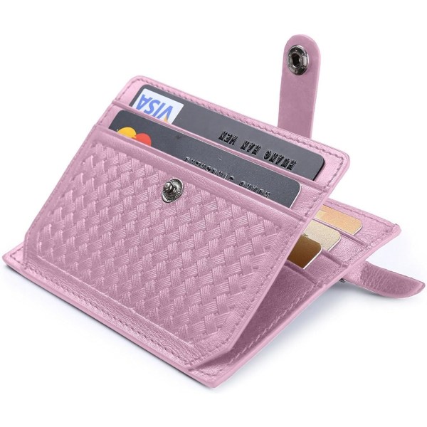 Kreditkortshållare, Rosa Bifold Plånbok Äkta Läder, RFID NFC-blockering med Myntficka med Övertäckt Knapp för Kvinnor #1 Rose