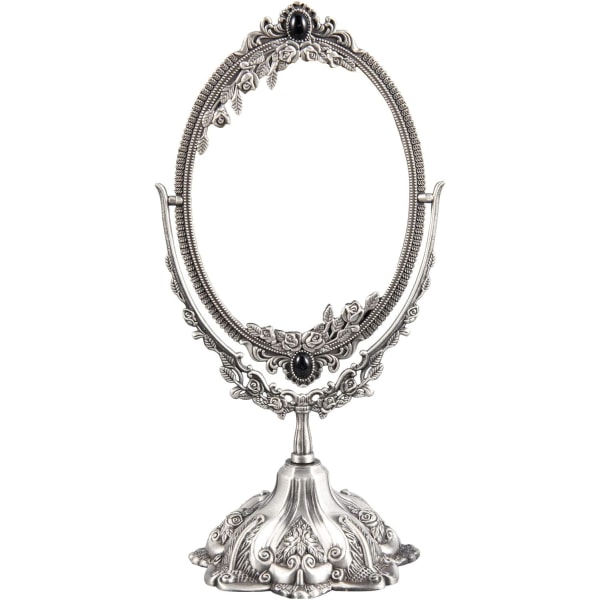 Vintage makeup spejl ovalt blomstret bordspejl dobbeltsidet roterende makeupspejl med stativ til toiletbord soveværelse (lille) Pewter