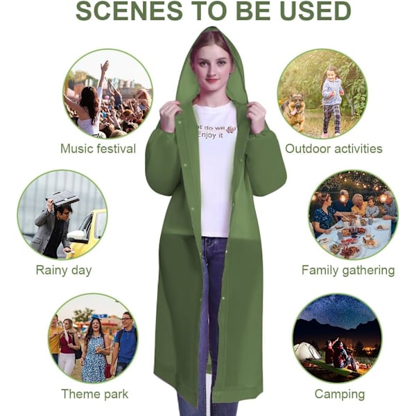 Kätevä sadetakki, vedenpitävä sadeponcho hupulla ja hihoilla, uudelleenkäytettävä vedenkestävä poncho retkeilyyn, hätätilanteisiin, matkustamiseen E  Army Green *2