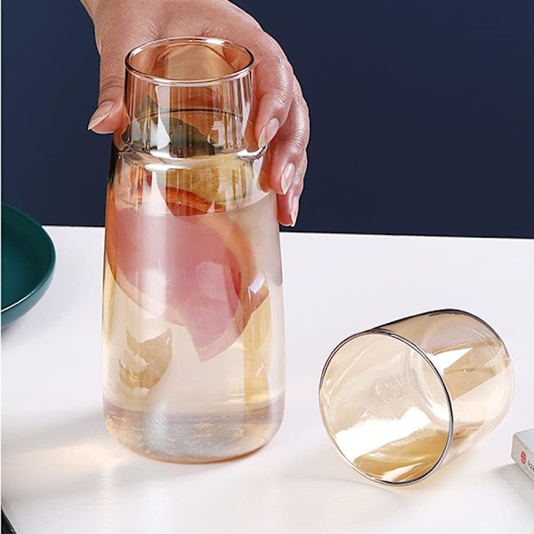 Sengeside Vannkaraffelsett med Tumbler, Sengeside Karaffel og Glasssett for Nattbord Soverom Gjestesoverom, Vannkaraffel for Kald Drikke, Munnskyllevann Amber