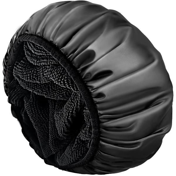 Suuri suihkumyssy, kolmikerroksinen kylpymyssy kuivausominaisuudella naisille, mikrokuituterrykangas, silkkisatiini, 100 % vedenpitävä, uudelleenkäytettävä, pitkät hiukset Black