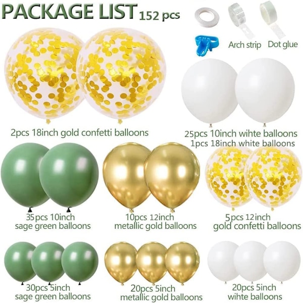 Salviagrön ballonggirlang bågset, 152 delar olivgrön ballongbåge set med vita latexballonger guld metalliska latexballonger för pojkar flickor baby