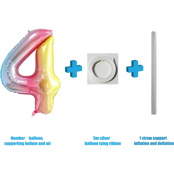 Nummerballonger, fargerike heliumballonger til bursdag, selvblåsbare tallballonger, folieballong til bursdagsfest, nyttårsdekor Rainbow #4 Large