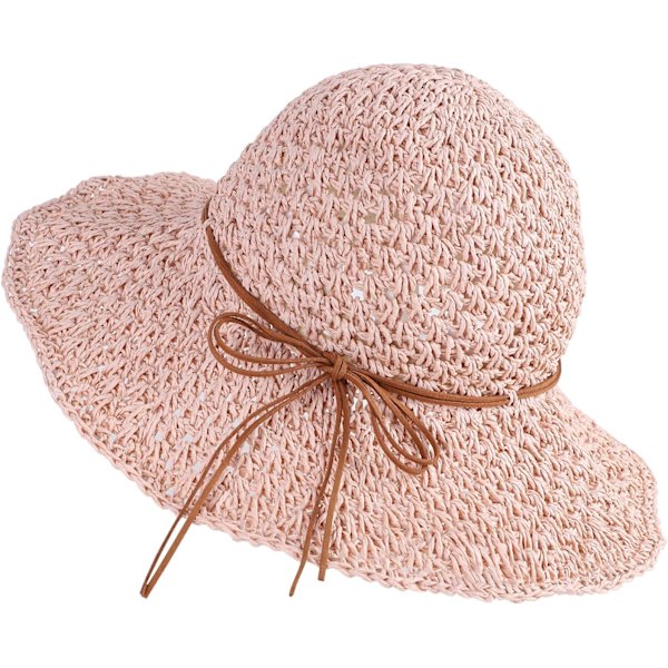 Solhatt i halm för kvinnor, damer, hopfällbar, bredbrättad, med rosett, justerbar, strandhatt, elegant hinkhatt, UPF 50 UV-skydd, bekväm Pink One Size