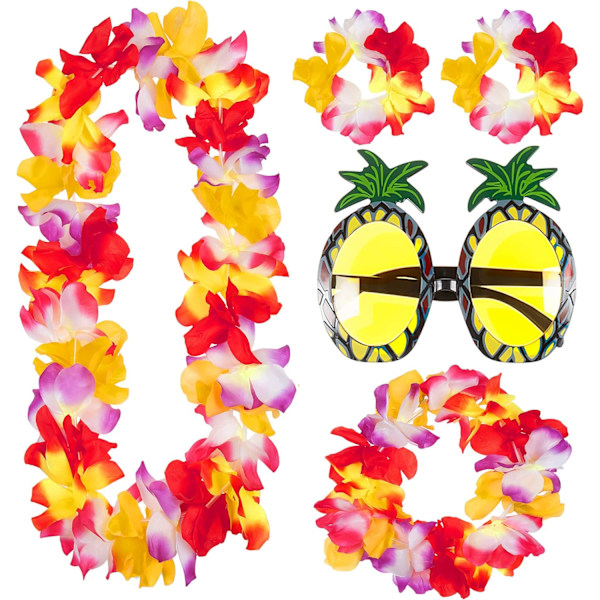 Deluxe Hawaiian Fancy Dress Lei Garland Necklace Wreathe Set with Funky Pineapple Glasses Beach Hawaii Tropical Luau Party Themed Hibiscus Summer De