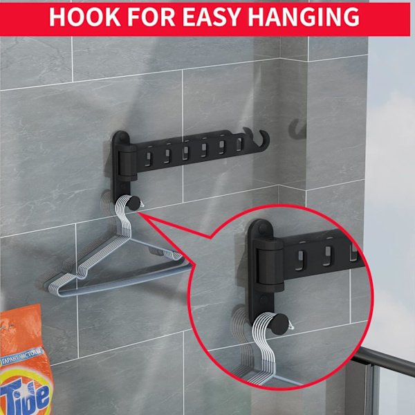 Veggmonterte kleshengere, sammenleggbare klesstativ for vaskeromorganisering med kroker svingarm, vaskerom tørkestativ, robust henger Black rotation black