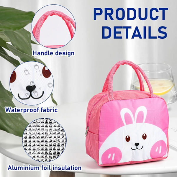 Barnens Lunchväska för Flickor Pojkar Studenter, Återanvändbar Cartoon Isolerad Lunchväska, Liten Hopfällbar Vattentät Lunchväskor för Resor Picknick Skola Pink Rabbit