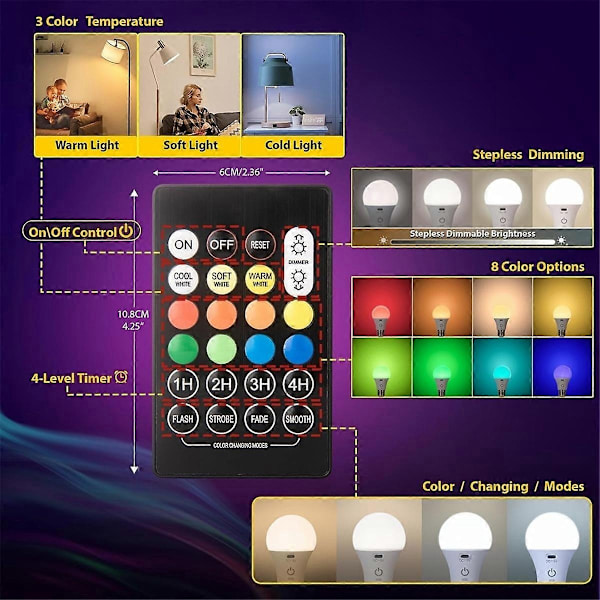 LED Rechargeable Light Bulbs with Remote Control E26 Battery Operated Light Bulb Smart 3 Color Changing Bulb with Hook [DB]
