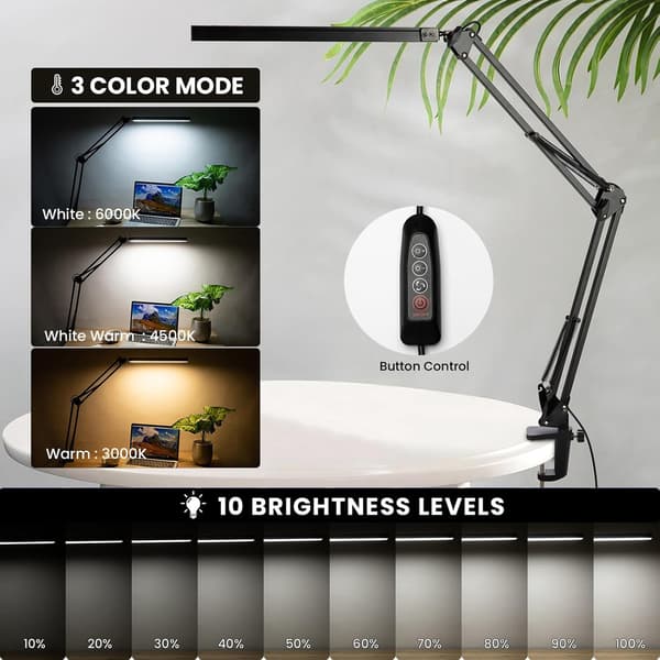 LED Desk Lamp, 1100LM Table Lamp with Clamp, 10 Brightness Levels x 3 Adjustable Modes, Eye-Friendly