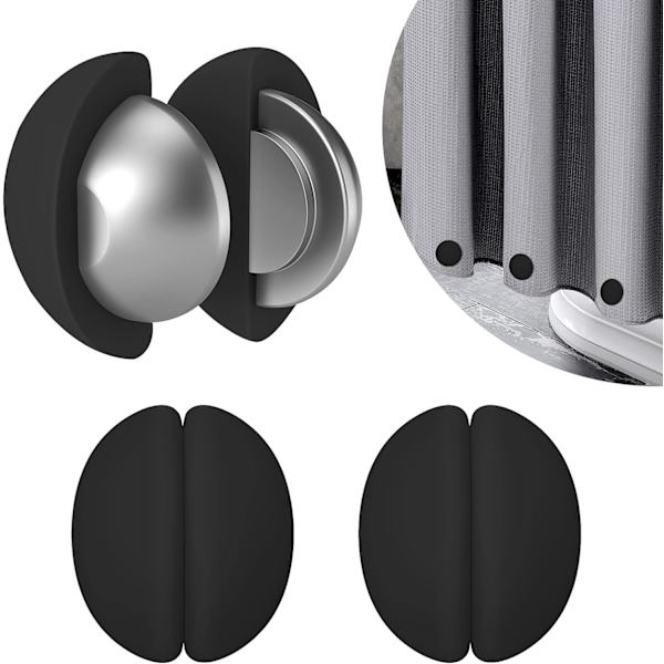 Rustfrie bruseforhængsmagneter, silikoneindpakkede tunge, stærke magneter forhindrer bruseforhængsfor i at blæse gardinklipsannonce Black 6PCs (3Pairs)