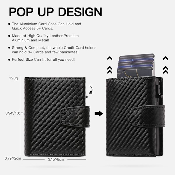 Kredittkortholder RFID-blokkering Minimalistisk Trifold Herre Lommebøker Automatisk Pop Up Metallveske med ID-vinduer og glidelåslomme Black Mat Pattern