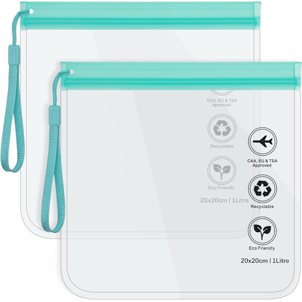 Genomskinlig necessär för resor – Vätskepåsar för flygplatssäkerhet, vätskepåse för flygplats 20 x 20 cm TSA-godkänd, resetillbehör sminkväskor semesterpresent 2pcs Mint Green