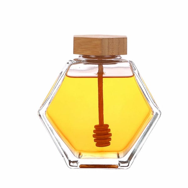 1 st 380 ml honungsburk genomskinligt tjockt glas hexagonformad honungskrukabehållare med träbock och korklock Dispenser Matförvaringsbehållare