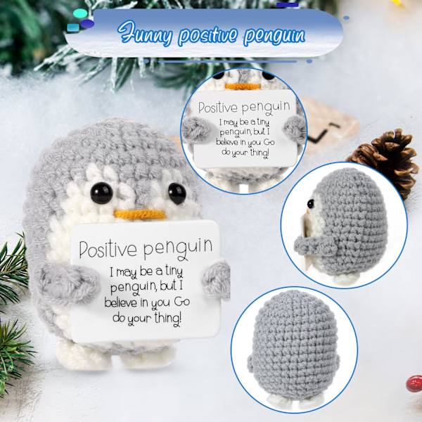 Sjov positiv mini pingvin, 2,6 tommer strikket pingvin legetøj med kort, følelsesmæssig støtte hæklet dukke, opmuntrende gave, festdekoration (grå) grey