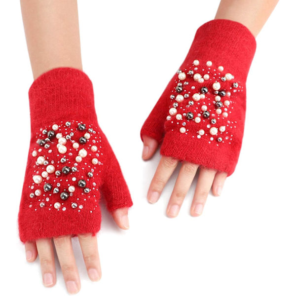 Vinterhandskar för flickor, söta tecknade djurklövar, halvfinger, tjocka & varma, mjuka plysch, korallfleece, snöre, vantar Pearled Red