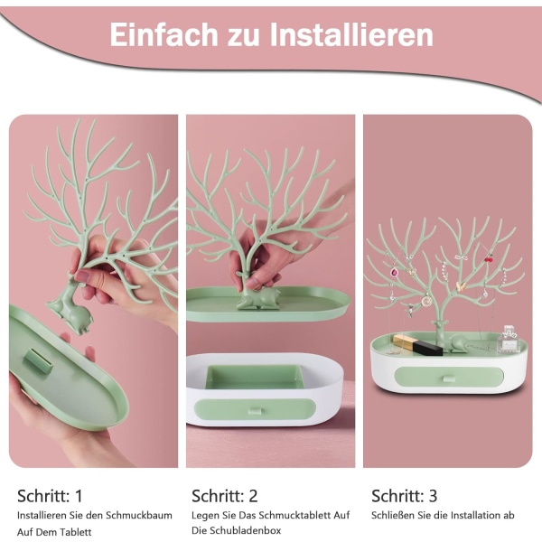 Hjortetak Smykkearrangør Stativ med Skuffe, Plastik 3 i 1 Smykkeholder til Øreringe Halskæder Armbånd og Ringe Green & White