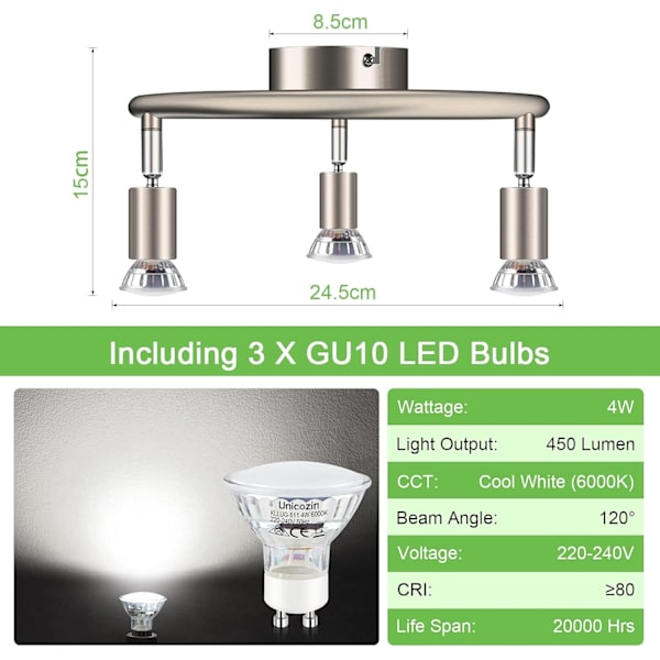 3-way LED Ceiling Light Rotatable Matt Nickel & Swivel Design, Including 3 Bulbs [Energy Class E]