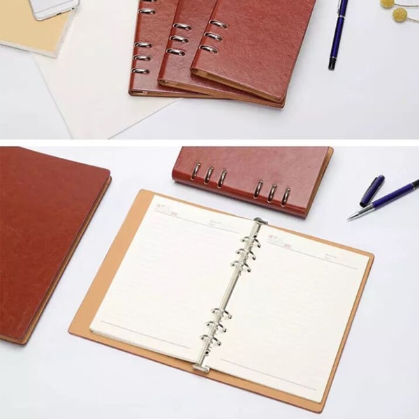 A5 Notebook 6 Huller PU Læder Cover Notebook, Løs Lomme Læder Genopfyldelig Notebook Binder Ringe Journal Hard Cover Dagbog Forretning (Brun)