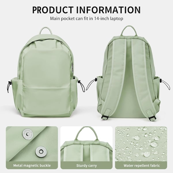 Skolryggsäck för kvinnor, avslappnad reseryggsäck 14 tum laptopryggsäck för tonårsflickor lätt ryggsäck vattentålig skolväska Colleg F7light Green L L