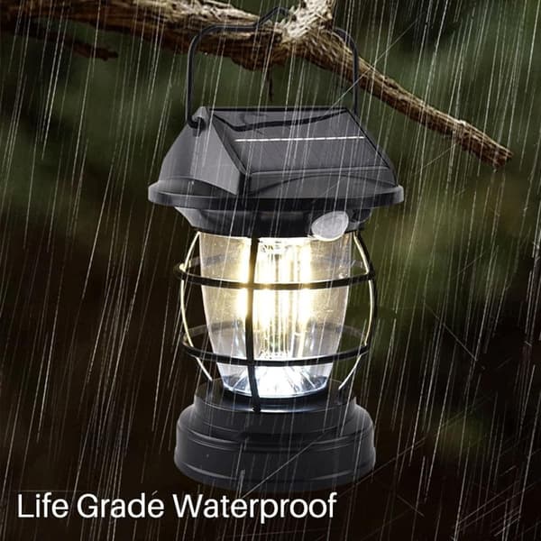 Solar-powered camping lamp with motion sensor, waterproof, 9 x 15.8 cm, black, dual charging mode