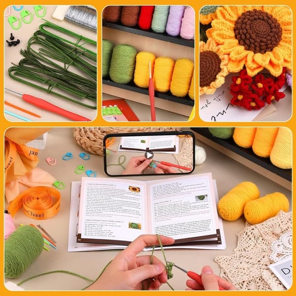 Beginner Crochet Kit, Sunflower Bouquet Crochet Kit, Complete Crochet Starter Kit for Adults with Step-by-Step Video Guides