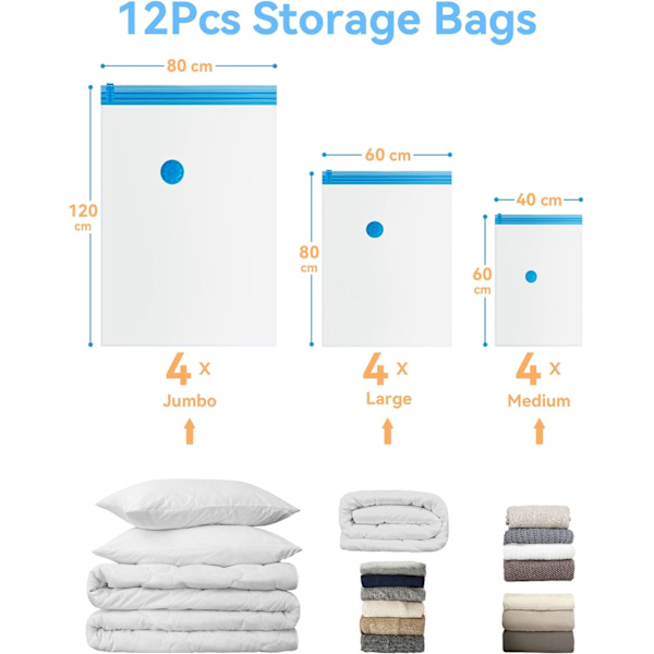 Vakuumopbevaringsposer til dyner, 12 stk. pladsbesparende vakuumopbevaringsposer (4 ekstra store, 4 store, 4 små) Genanvendelige sugeposer til opbevaring Transparent 4XL+4L+4S