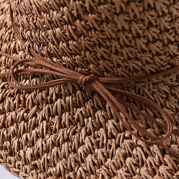 Solhatt i halm för kvinnor, damer, hopfällbar, bredbrättad, med rosett, justerbar, strandhatt, elegant hinkhatt, UPF 50 UV-skydd, bekväm Khaki One Size