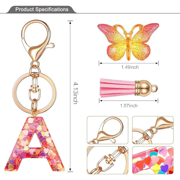 Nyckelringar i form av initialer för kvinnor Tofs Fjäril Rosa Lila Söt Bilnyckelring för plånbok Handväskor Ryggsäck A-Z Pink a