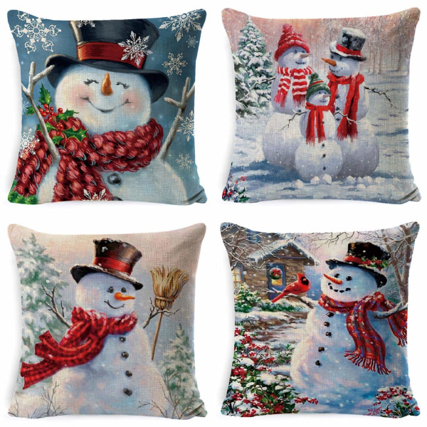 Sæt med 4 julepudepudebetræk snemand Sofa Sofa Pudebetræk til julepynt, pudeindlæg medfølger