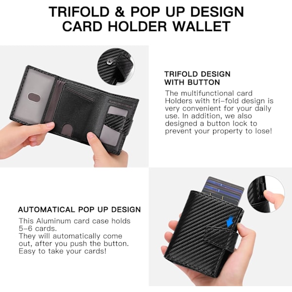 Kreditkortshållare RFID-blockerande minimalistisk trifold plånbok för män Automatisk popup-metallfodral med ID-fönster och blixtlåsförsedd myntficka Black Mat Pattern