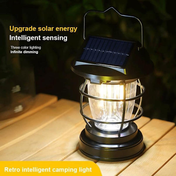 Solar-powered camping lamp with motion sensor, waterproof, 9 x 15.8 cm, black, dual charging mode