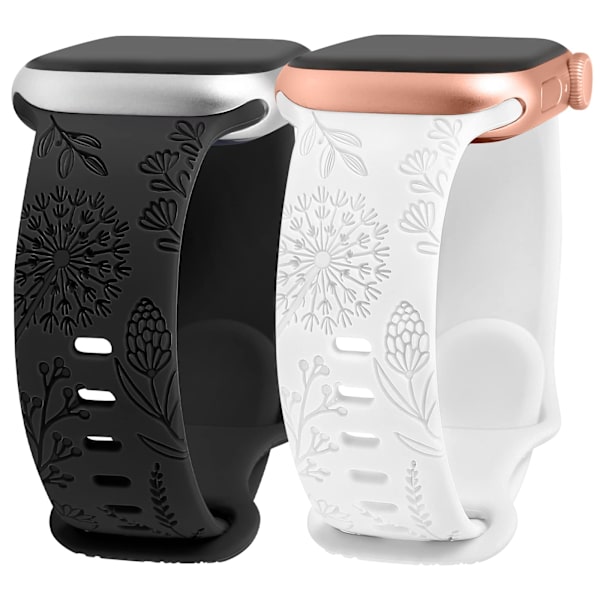 Yhteensopiva Apple Watch -rannekkeiden kanssa 38/40/41mm, urheiluranneke kaiverretulla voikukkakuviolla iWatch Series 8/7/SE/6/5/4/3/2/1:lle, musta+valkoinen