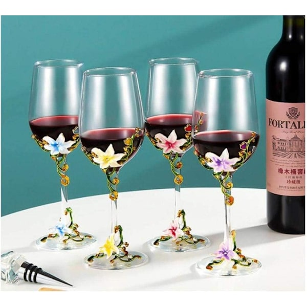 Håndmalede emaljerede blomster blyfri vinglas, 320 ml/10,8 OZ røde/hvide krystalvinglas (gul kop lilje) Yellow Cup Lily