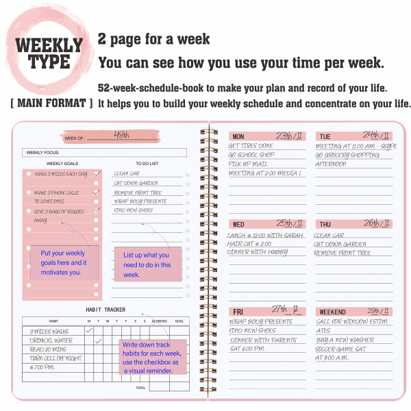 Udateret ugentlig planlægger - Ugentlige mål notesbog, A5 To Do List Planner, Habit Tracker Journal med spiralbinding, Tracker og målplanlægger