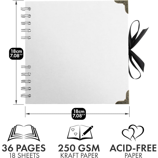 fy Fyrkantiga klippbok fotoalbum 36 sidor (18 x 18 cm) Vitt tjockt papper, inbunden, metallhörn, bandförslutning - perfekt för din scrapbooking Alb White 18 x 18 Cm