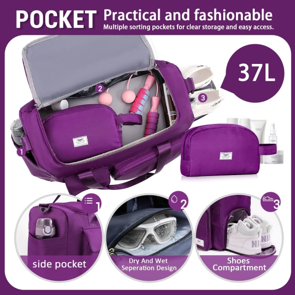 Sports Gym Bag til kvinder og mænd med skorum, weekendrejsetaske, overnatningstaske til kvinder, sammenklappelig vandtæt hospitalstaske Grape Purple (With Toiletry Bag)