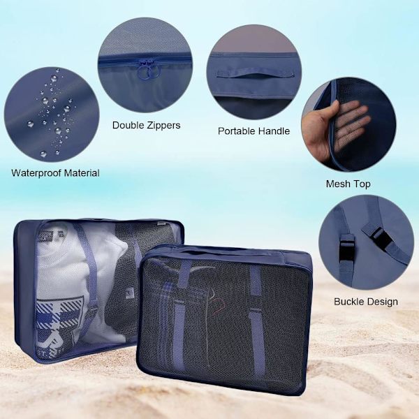 Hopfällbara vattentäta packningskuber, 8 st researrangör packpåsar resebagage packningsorganisatörer med skopåse för kläder resväska sko Navy Blue S
