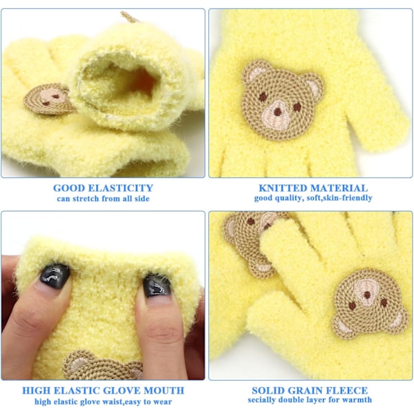Barnehansker, Vintervarme Hansker for Gutter og Jenter, Strikket Barnehansker, Søte Dyr Elastiske Myke Fullfingerhansker, Plysj Ensfargede Hansker for Alder Yellow