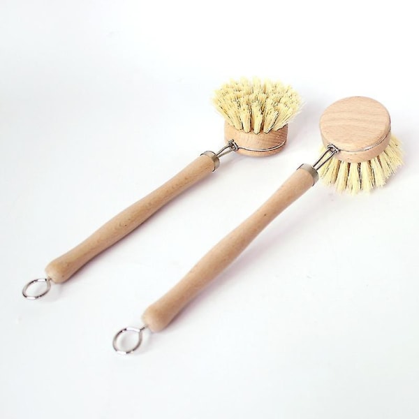 Wabjtam Solid Wood Bamboo Long Handle Replaceable Head Sisal Pot Brush, Kitchen Cleaning Dishwashing Brush (1 Piece, Log Color)