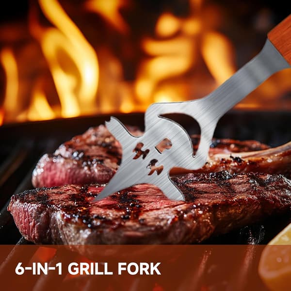 3-delt grill sæt i rustfrit stål med træhåndtag - med spatel, tang og gaffel i rustfrit stål