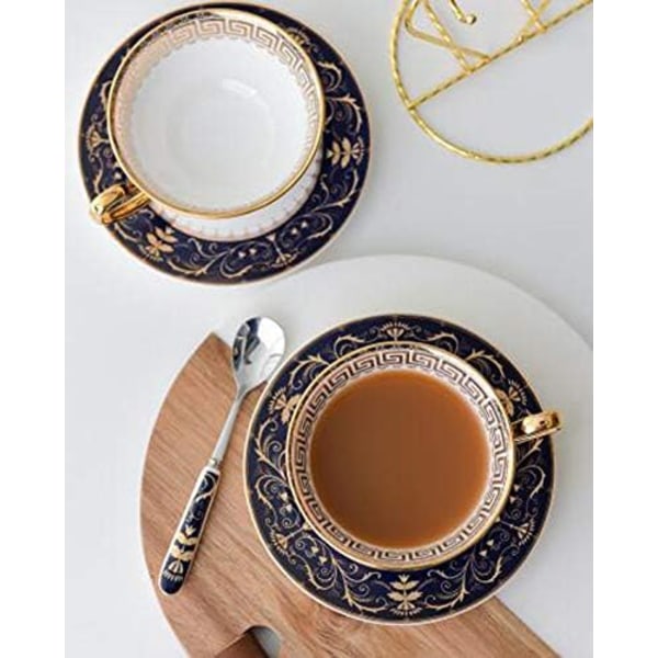 YBK Tech Euro Style Bone China Kop & Underkop Sæt, Keramisk Te Kaffe Kop til Hjem Køkken Bryllup (Royal Mønster - Dyb Blå) Royal Pattern Deep Blue