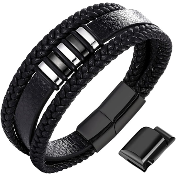 Læderarmbånd - Klassisk Håndlavet Flettet Manschet Armbånd med Magnetisk Spænde - Justerbart Multi-Lag ægte Læderarmbånd til Mænd i Sort - G