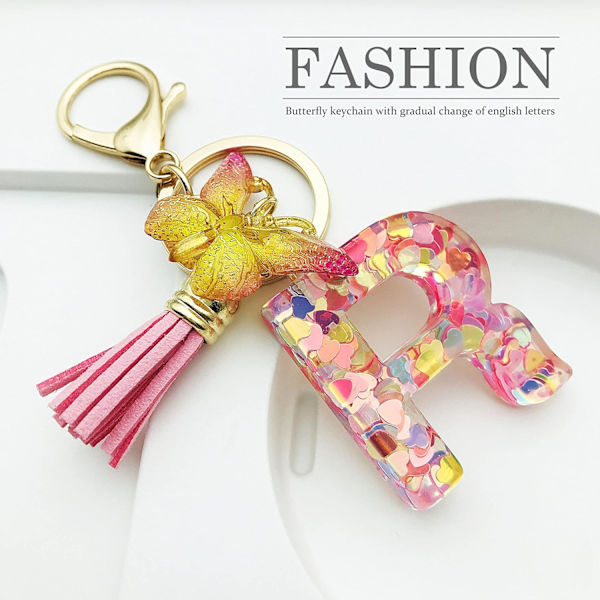 Nyckelringar i form av initialer för kvinnor Tassel Butterfly Pink Purple Cute Car Keyring för plånbok Handväskor Ryggsäck A-Z Pink R