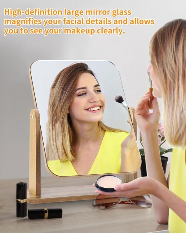 Wooden Makeup Mirror, Small Standing Mirror, 25 x 22 cm, 360 Degree Rotating Table Mirror, Tall Standing Mirror