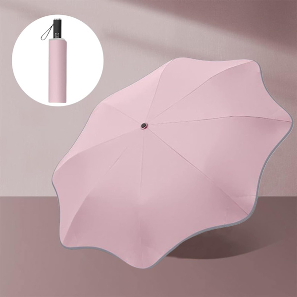 Pyöreäkulmainen, pistämätön aurinko- ja sadevivarjo heijastavalla nauhalla, kevyt, anti-ultravioletti, täysi lasikuituinen runko, 8 ripaa miehille ja naisille Pink