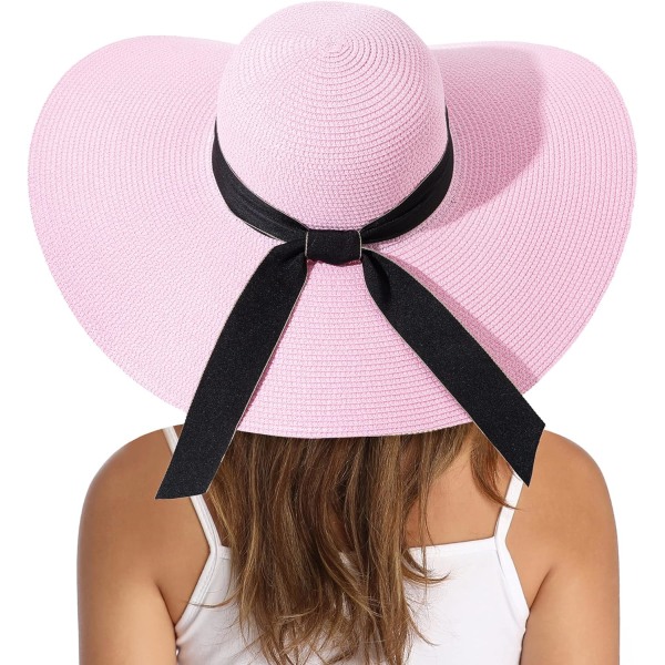 Dame Strawhat med Bred Skygge, Fladbar og Rulbar, Strandhat med Solbeskyttelse UPF 50+ Bowknotpink