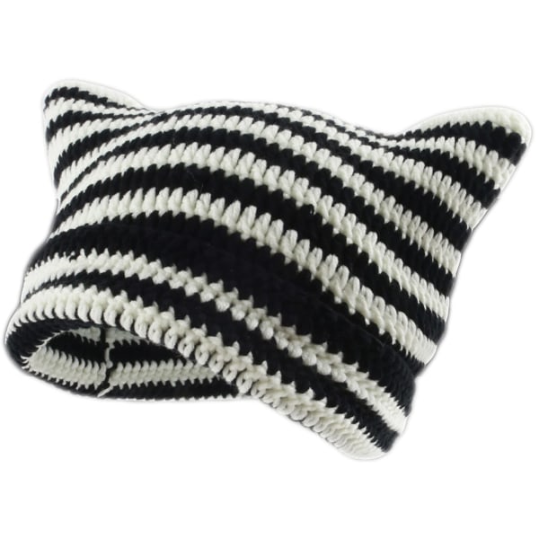 Cat Beanie Hekle luer med ører Strikket stripete vinter varm elastisk lue, svart og hvit