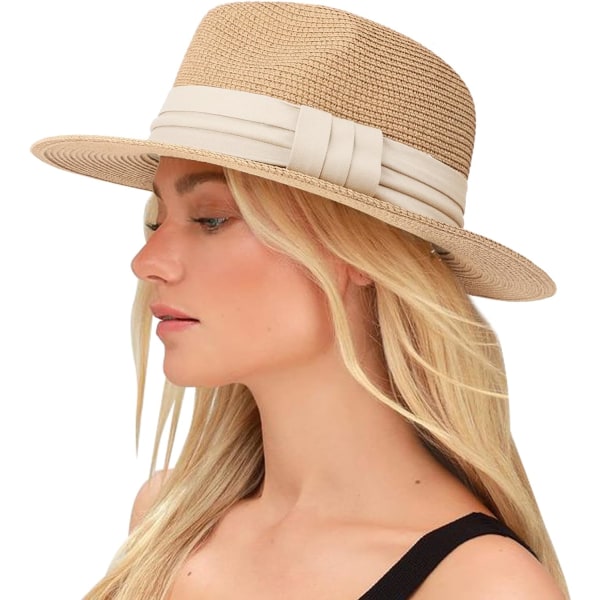 Kvinners strå Panama hatt Fedora strand solhatt bred brem strå rulle opp hatt UPF 50+ Creamy White Band Khaki One Size