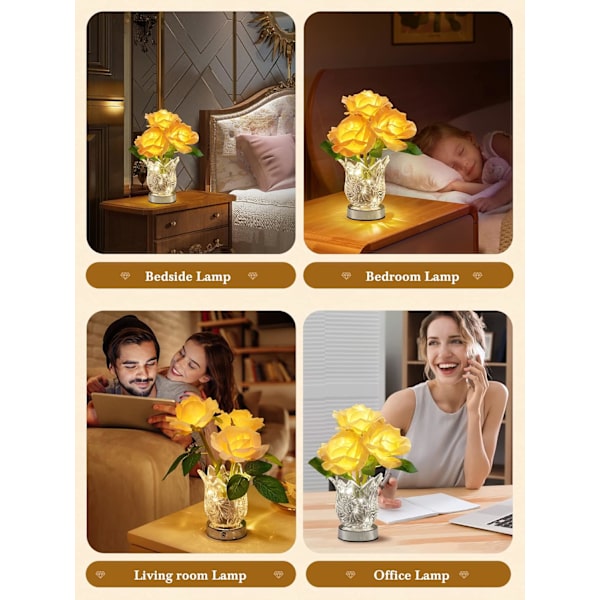 Blomlampa Touch-lampa, dimbar bordslampa uppladdningsbar lampa, Forever Rose-lampa sladdlös lampa med glasvas, liten lampa batterilampa för sovrum L Rose Flower Lamp