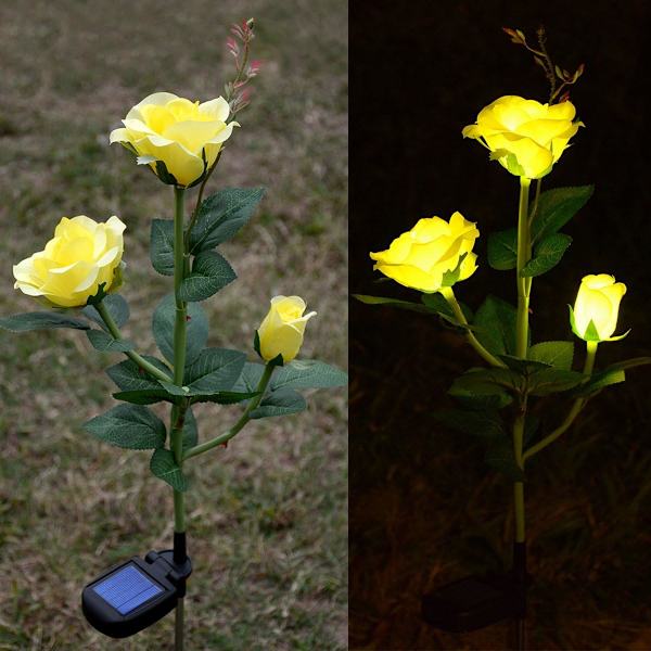Solcelled Hagepynt, Solcelled Hagegaver, Utendørs LED Roselys for Hagedekorasjon Bakgård Patio Grav Kunstig Blomst Yellow
